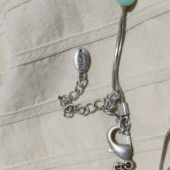 PILGRIM Daisy Double Strand Necklace Oxidised Silver Plate & Pastel Green - Picture 3 of 4